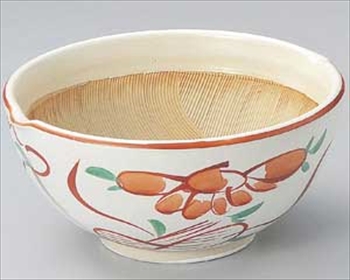 白マット赤絵花丸波紋スリ鉢