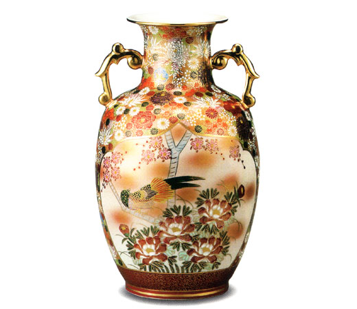 九谷焼 １２号耳付花瓶「銀彩牡丹の図」 - 花瓶