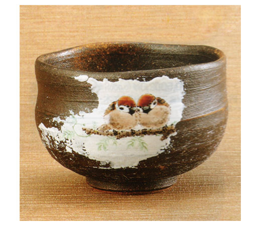 抹茶碗・焼〆二雀図